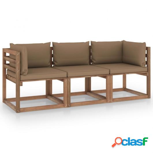 Sofá de palés de jardín 3 plazas cojines gris taupe
