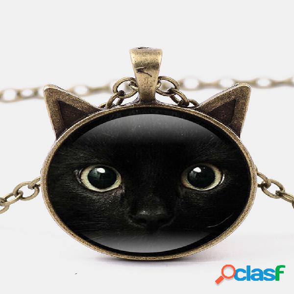 Vintage Black Gato Cara estampada Mujer Collar Gato Oreja