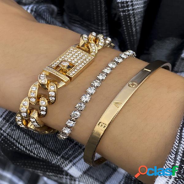 3 pulseras de aleación de diamantes de imitación grabadas