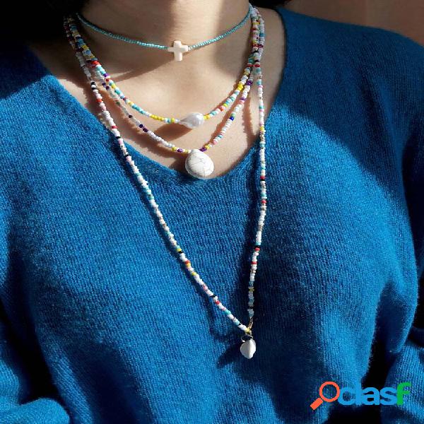 4 piezas de perlas de arroz de colores Mujer Collar Cruz