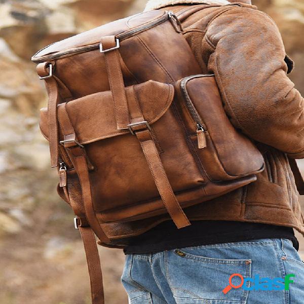 Hombre Cuero PU vendimia Mochila de viaje sólida con