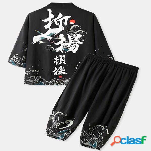 Kimono recortado de dos piezas con estampado de grulla china