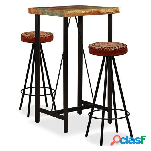 Mesa y 2 taburetes bar madera maciza reciclada cuero real