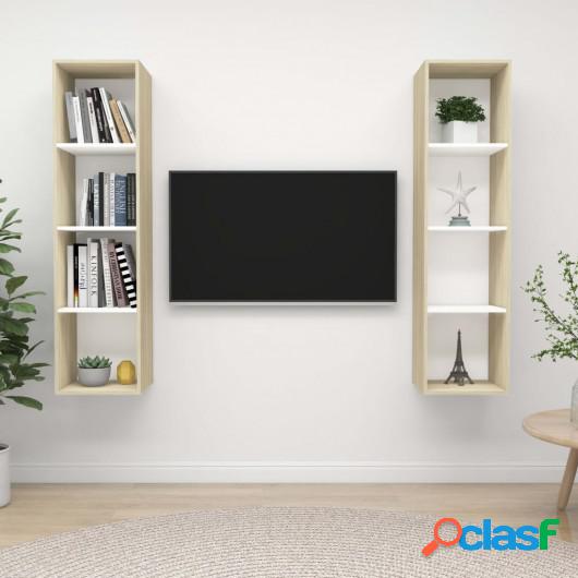 Muebles de pared de TV 2 uds aglomerado blanco y roble