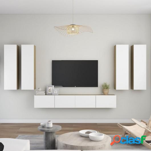 Muebles de pared de TV 6 pzas aglomerado blanco y roble