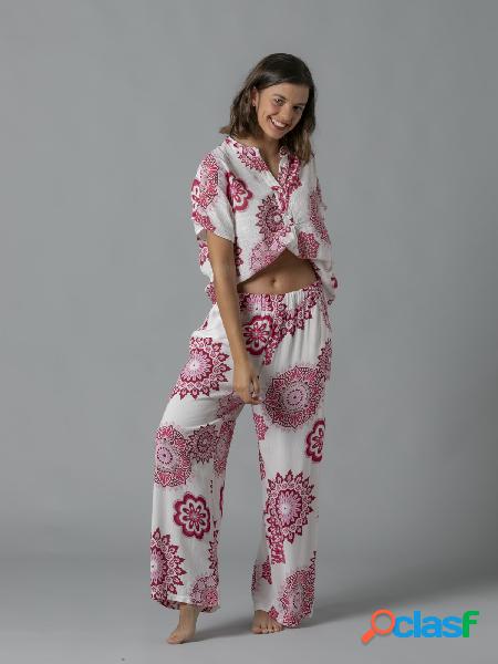 Pantalón fluido flor grande cintuta elástica Fucsia