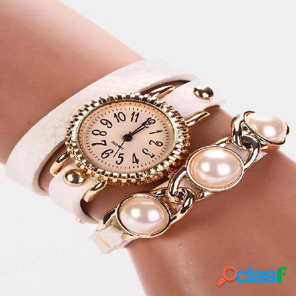 Pulsera de perlas de moda Watch Cuero de tres capas Watch