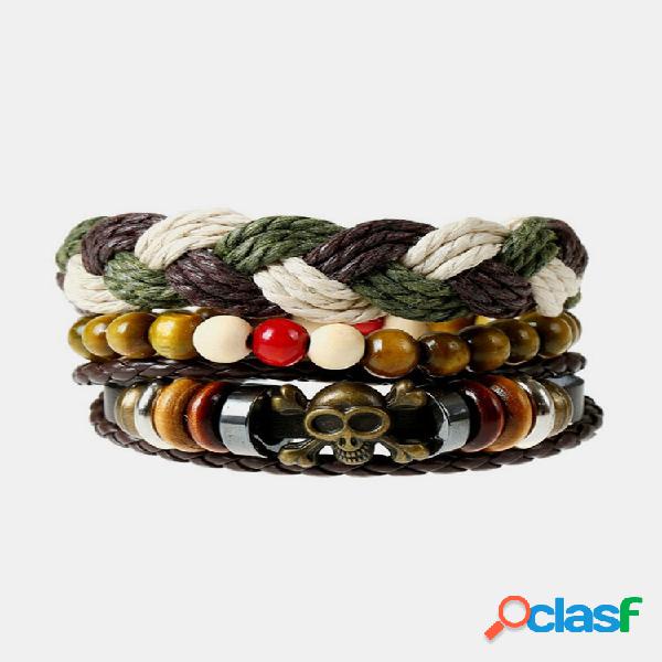 Pulsera multicapa vintage con cuentas trenzadas de cuero