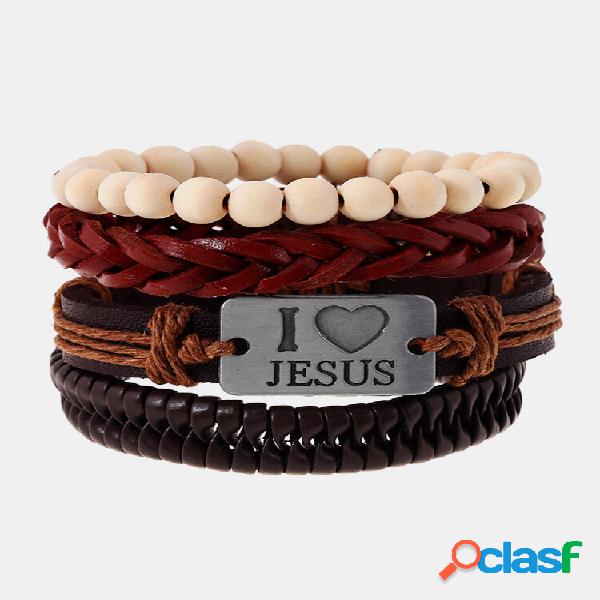 Pulsera religiosa I Love Jesus Pulsera multicapa de piel de