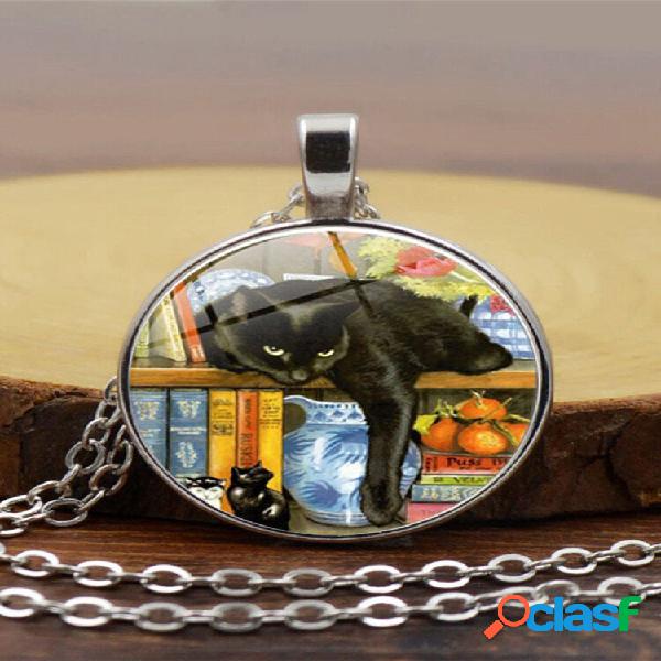 Vintage Glass Printed Mujer Collar Black Gato Librería