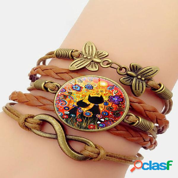Vintage Printed Black Gato Flor Mujer Pulsera Multicapa