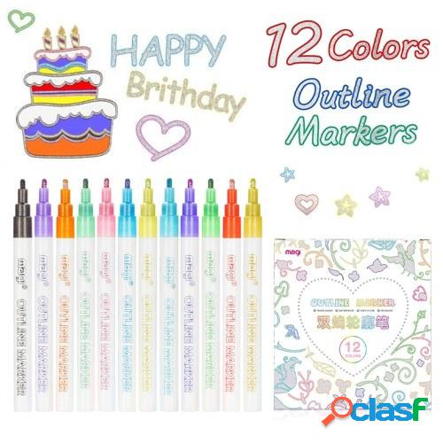 12 Colors Metallic Markers Outline Paint Pens 0.7mm Line DIY
