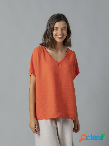 Blusa escote en pico 2 tejidos Naranja