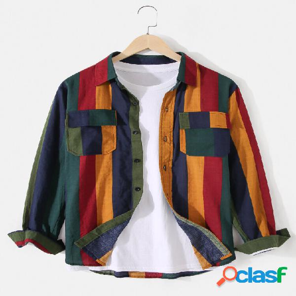 Camisas casuales de manga larga a rayas con bolsillos con