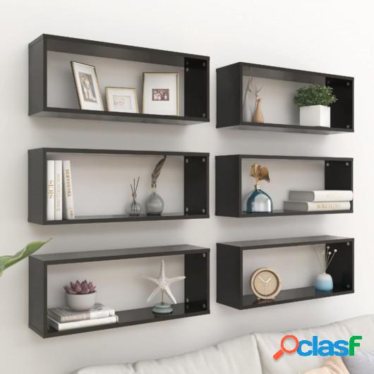 Estantes cubo pared 6 uds aglomerado negro brillo 60x15x23