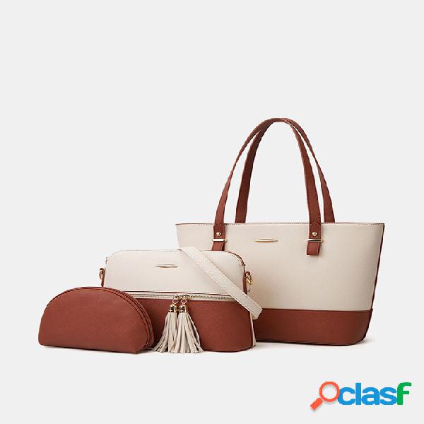 Mujeres 3PCS Tassel Patchwork Bolso de mano de gran