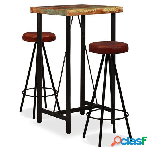 Set muebles de bar 3 pzas madera maciza reciclada cuero