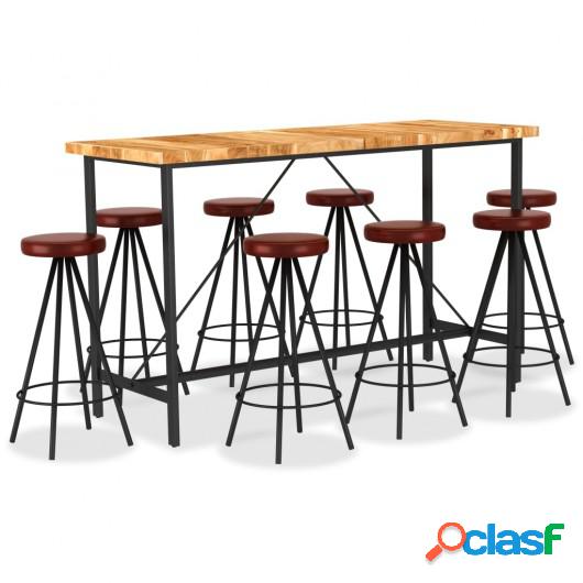 Set muebles de bar 9 pzas madera maciza acacia cuero