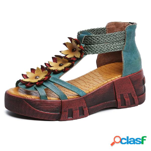 Socofiar Leather Cozy Bohemia Floral Open Toe Back Zip