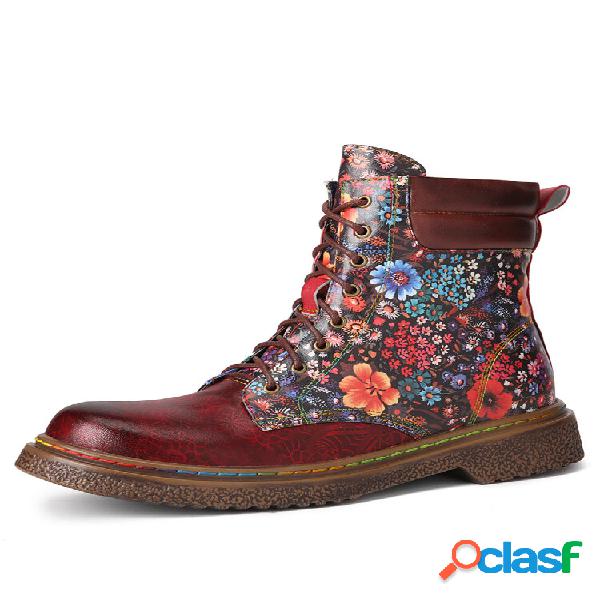 Socofy Casual Retro Colorful Floral Piel Genuina Cremallera