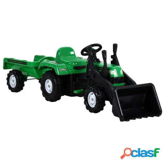 Tractor de pedales para niños remolque y cargador verde y