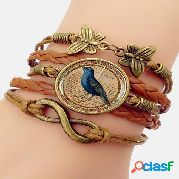 Vintage Wwoven Printed Bird Mujer Pulsera Multicapa Mariposa
