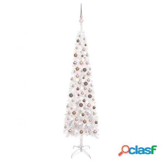Árbol de Navidad estrecho con LED y bolas blanco 210 cm