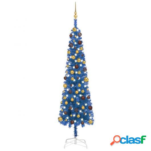 Árbol de Navidad estrecho con LEDs y bolas azul 210 cm