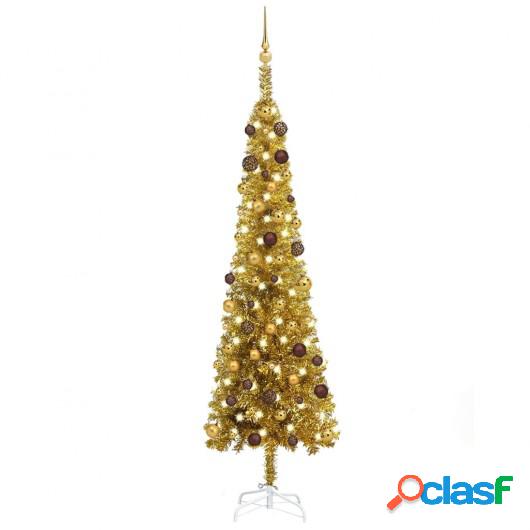 Árbol de Navidad estrecho con LEDs y bolas dorado 210 cm