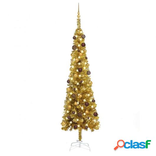 Árbol de Navidad estrecho con LEDs y bolas dorado 240 cm