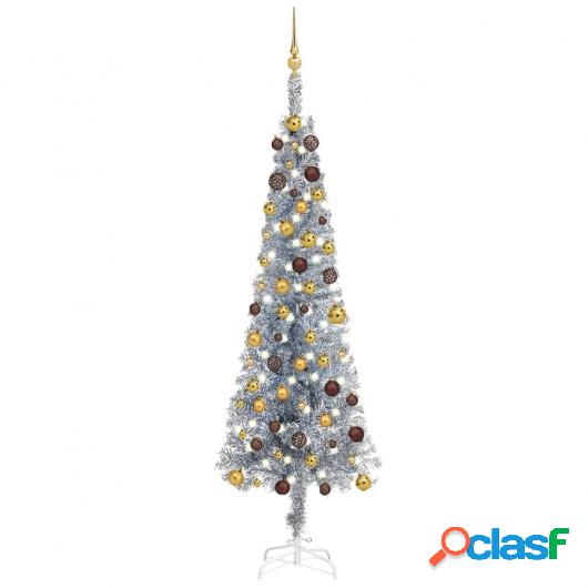 Árbol de Navidad estrecho con LEDs y bolas plateado 210 cm