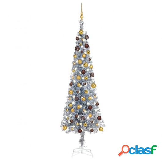 Árbol de Navidad estrecho con LEDs y bolas plateado 240 cm