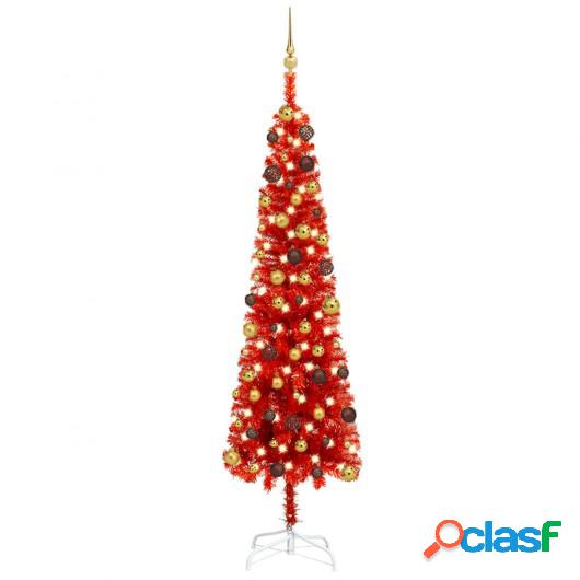 Árbol de Navidad estrecho con LEDs y bolas rojo 210 cm
