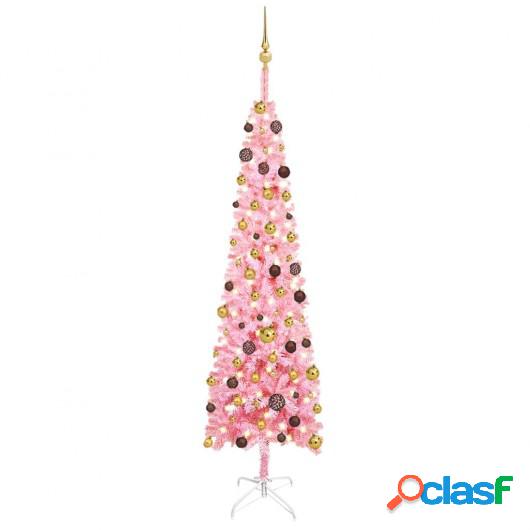 Árbol de Navidad estrecho con LEDs y bolas rosa 210 cm