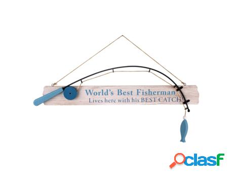 Adorno Pared Caña Pescar Azul de Madera 17X3X62cm Colgante