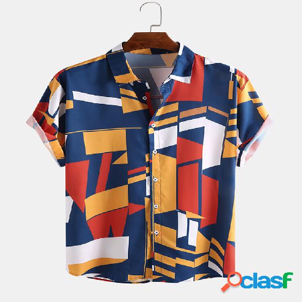 Camisas holgadas de manga corta con cuello doblado estampado