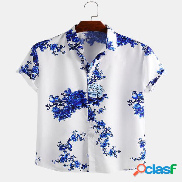 Hombres estilo chino porcelana floral impreso manga corta