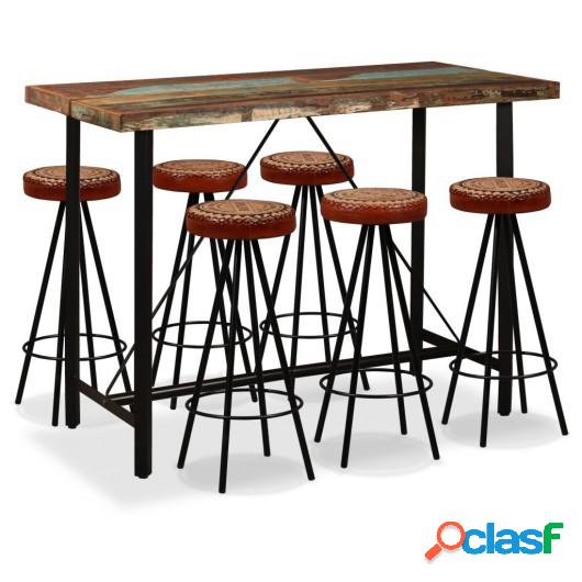 Mesa y 6 taburetes bar madera maciza reciclada cuero real