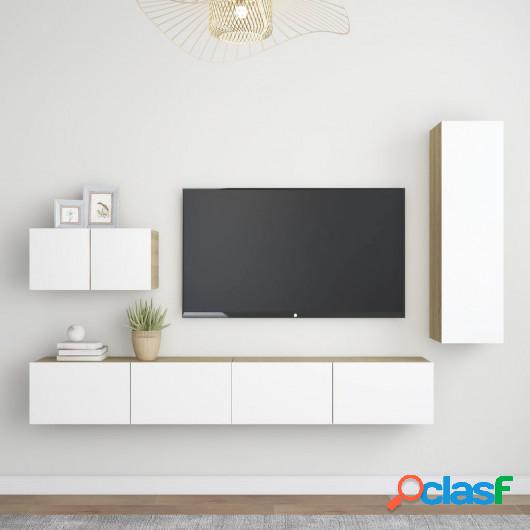 Muebles de pared de TV 4 pzas aglomerado blanco y roble
