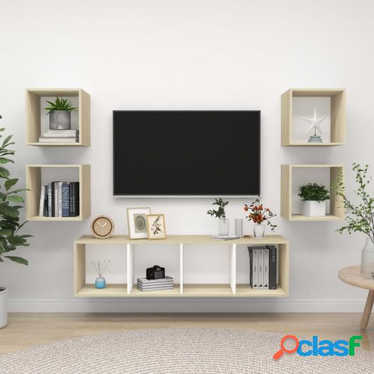 Muebles de pared de TV 5 pzas aglomerado blanco y roble