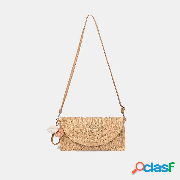 Mujer Bandolera Esponjosa Bola Con Solapa Bolsa Paja Bolsa