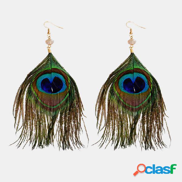 Retro Mujer Pendientes Pluma verde pavo real Pendientes