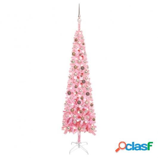 Set de árbol de Navidad estrecho con LED y bola rosa 210 cm