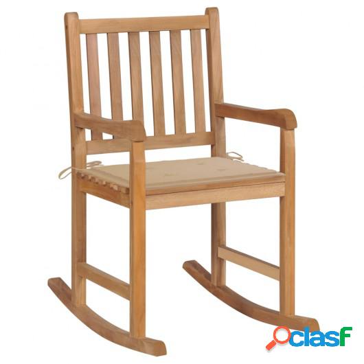 Silla mecedora de madera maciza de teca con cojín beige