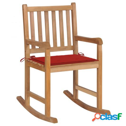 Silla mecedora de madera maciza de teca con cojín rojo