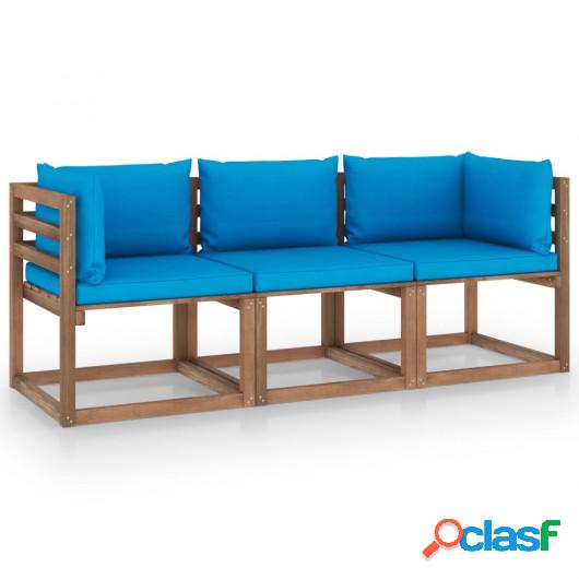 Sofá de palés de jardín 3 plazas cojines azul claro