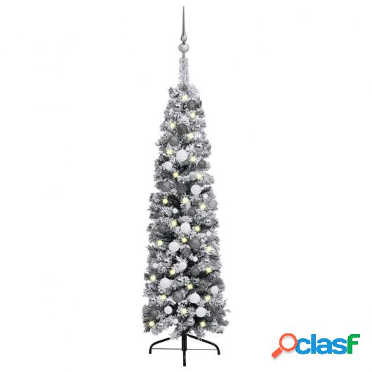 Árbol de Navidad estrecho con LED, bolas y nieve verde 120