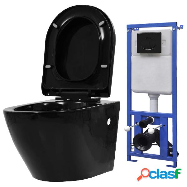 vidaXL Inodoro de pared con cisterna oculta cerámica negro
