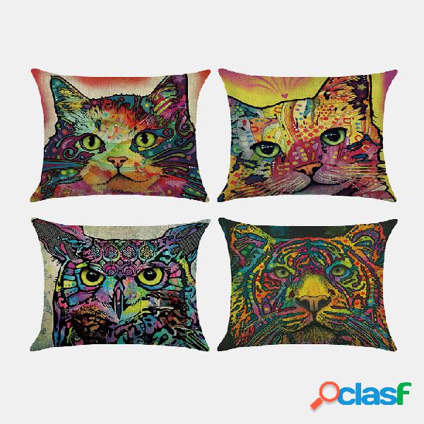 4 piezas Colorful Animal Patrón funda de cojín de lino