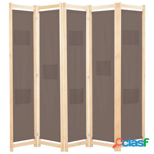 Biombo divisor de 5 paneles de tela marrón 200x170x4 cm